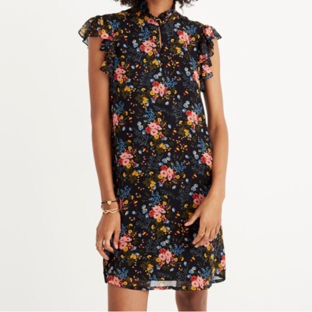 Madewell x No 6 100% Silk Georgette Beacon Mini Dress in Black Garden‎ Bouquet 0